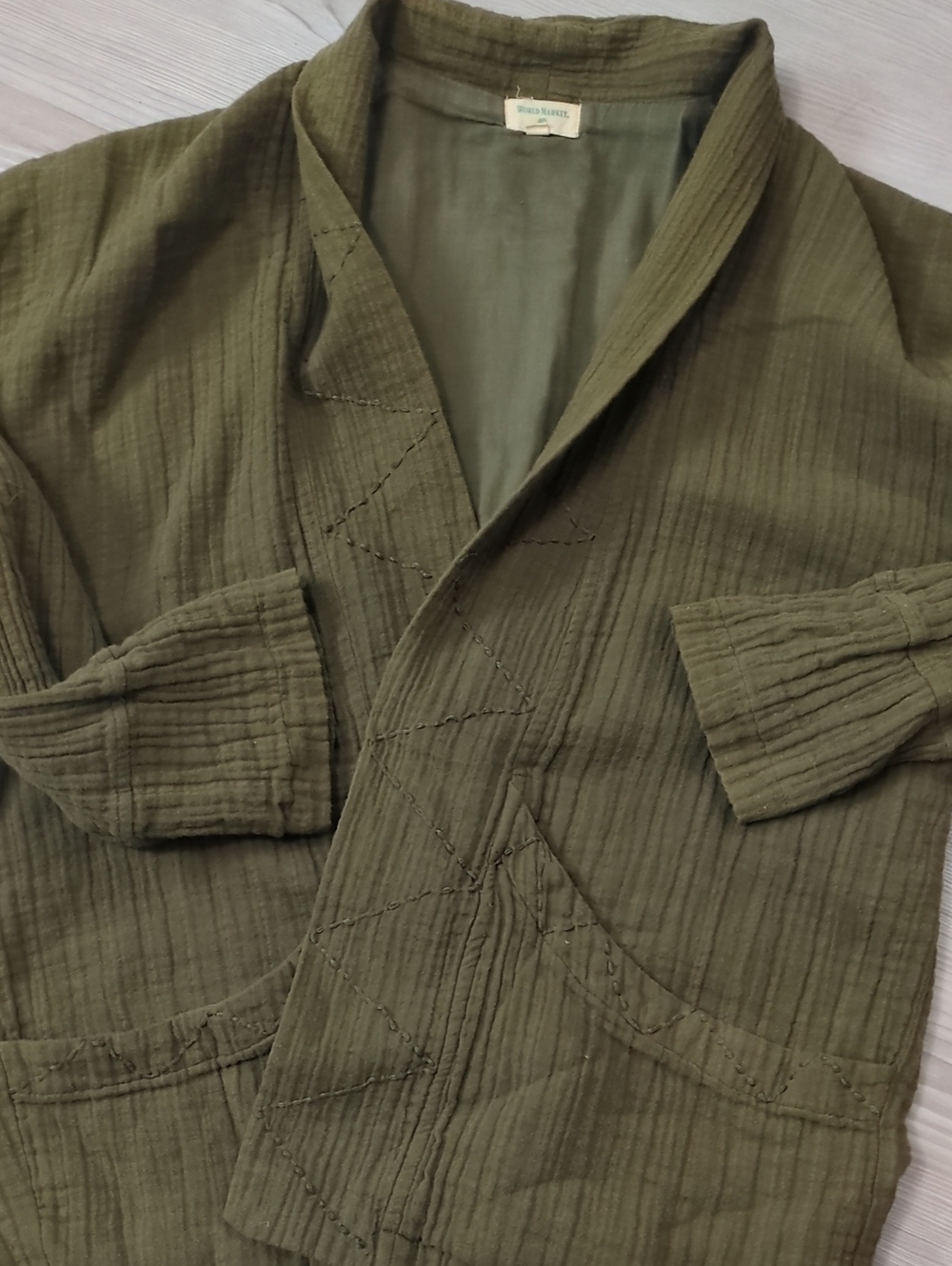 World Market Olive Green Gauze Open Front Jacket Boho Layering Cardigan OS Cotto